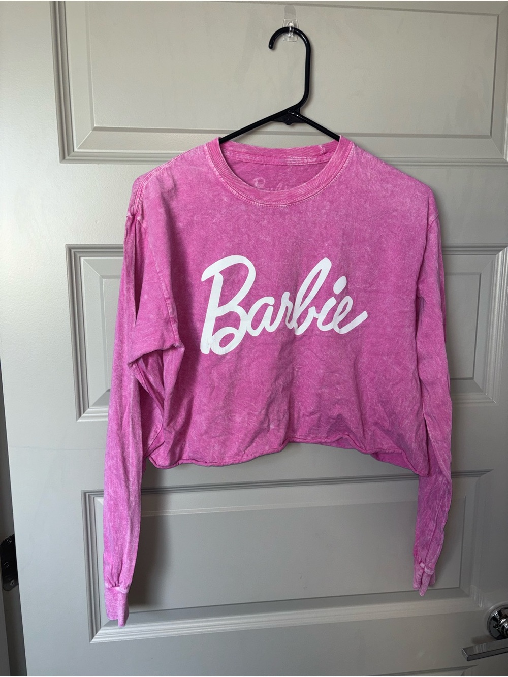 Barbie Hot Pink Long Sleeve Crop Tee with White Logo